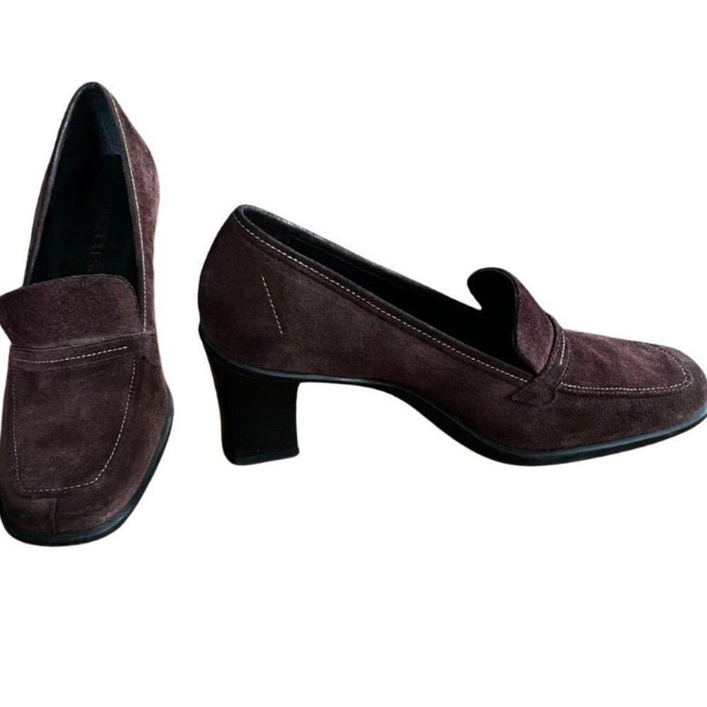 Aersoles Chocolate Brown Suede Heeled Loafers Sz 8.5 Block Heel Academia